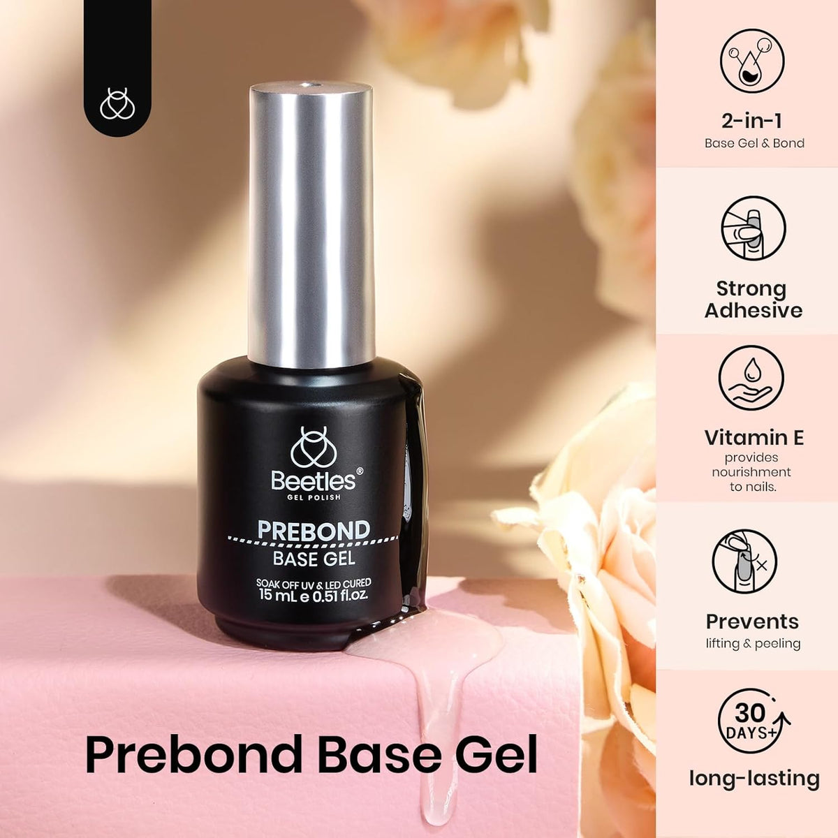 beetles Gel Polish Gel Base Coat, 15ml Prebond Base Gel Nail Polish Long Lasting Soak Off U V Nail Lamp Base Coat Upgraded Formula for Salon DIY Design Manicure Gifts for Women