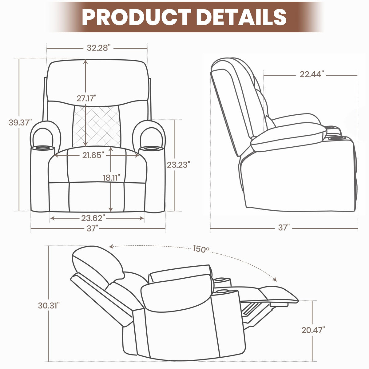 Leather Rocker Recliner with Cup Holder, Manual Reclining Chair for Living Room, Modern Home Theater Lounge Seating with Soft Padded Seat for Comfort (Faux Leather,Brown)