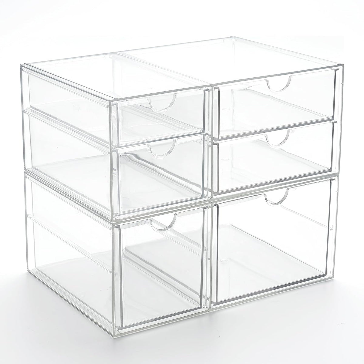 Prsildan Acrylic Drawer Makeup Organizer with 6 Drawers, Set of 2 Office Desk Organizers Accessories, Clear Stackable Storage Drawers for Vanity, Craft, Not for Baby Bottle (Largest Drawer 4" Tall)
