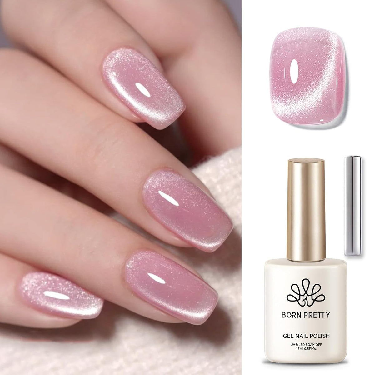 Born Pretty Cat Magnetic Eye Gel Nail Polish, Jelly Pink Glitter Cat Magnetic Gel Nail Polish, Holographic Magnetic Nail Polish for Nail Art Manicure Salon DIY at Home 15ML