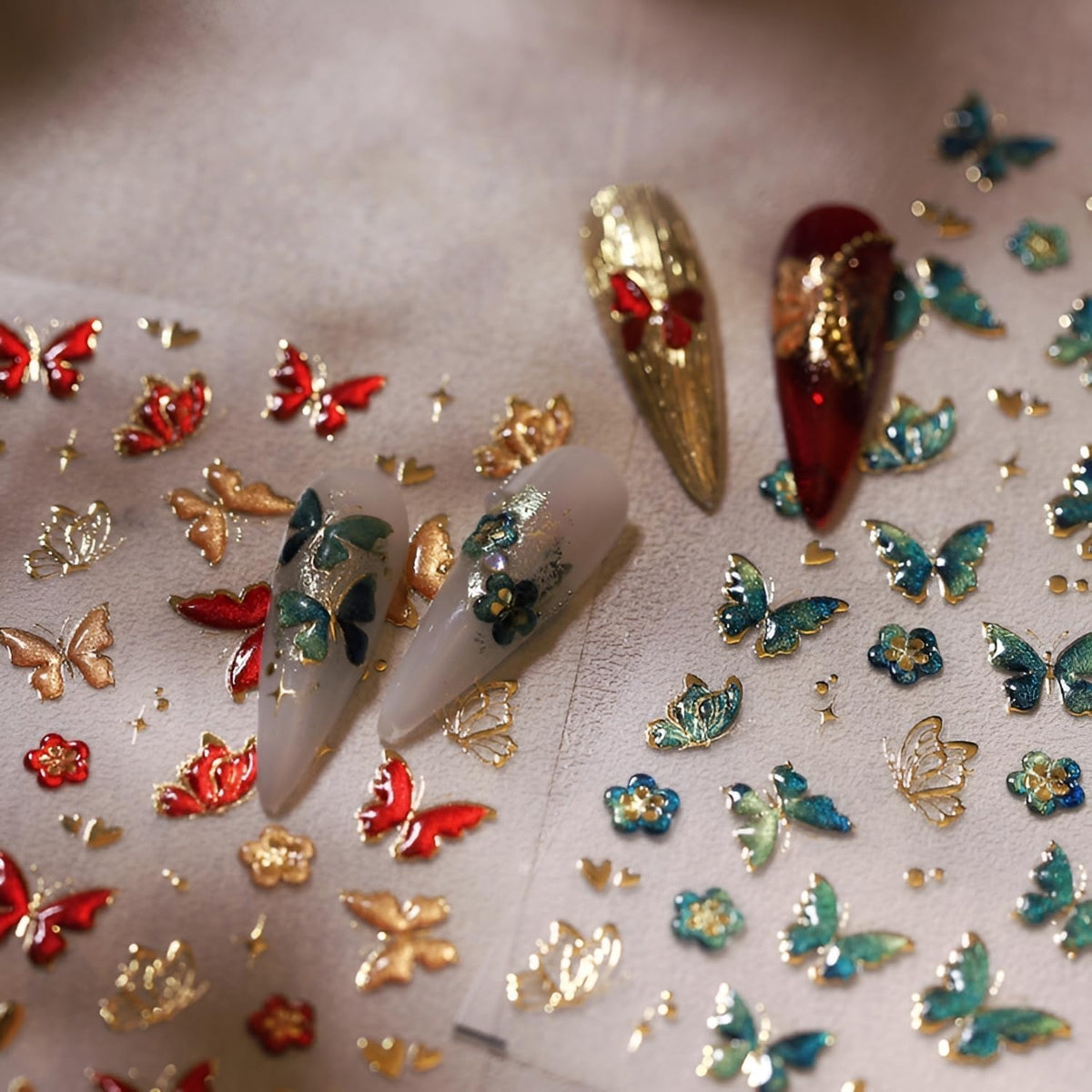 Butterfly Nail Stickers for Nail Art 5D Embossed Flower Nail Art Stickers Green Red Gold Butterfly Nail Decals Self-Adhesive Spring Summer Nail Design for Women Girls 2Sheets