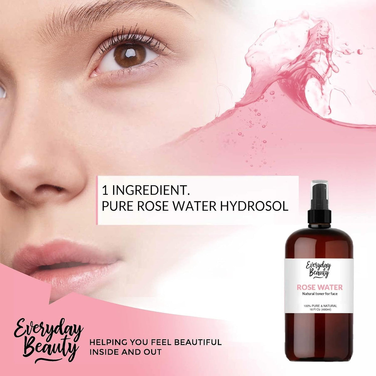 Rose Water Facial Toner - 16oz Bulk Alcohol-Free Vegan All Natural Refreshing for Face and Hair - Uplifts, Calming & Soothing for All Skin Types