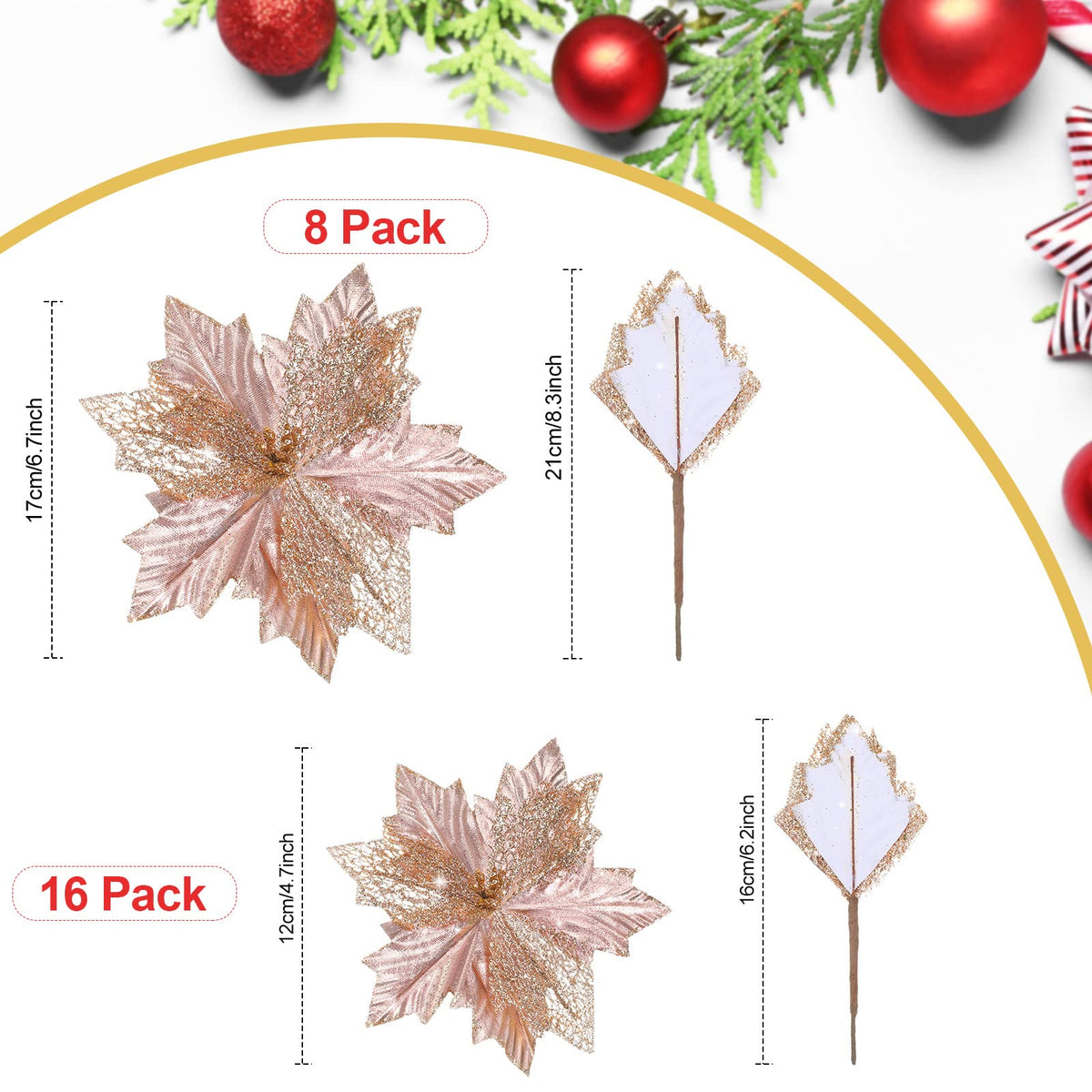 Syhood Christmas Tree Topper Decorations 34x12 Inch Large Christmas Bows Tree Ornaments and 24 Pcs Christmas Tree Flowers for Christmas Holiday Party Decorative(Rose Gold)