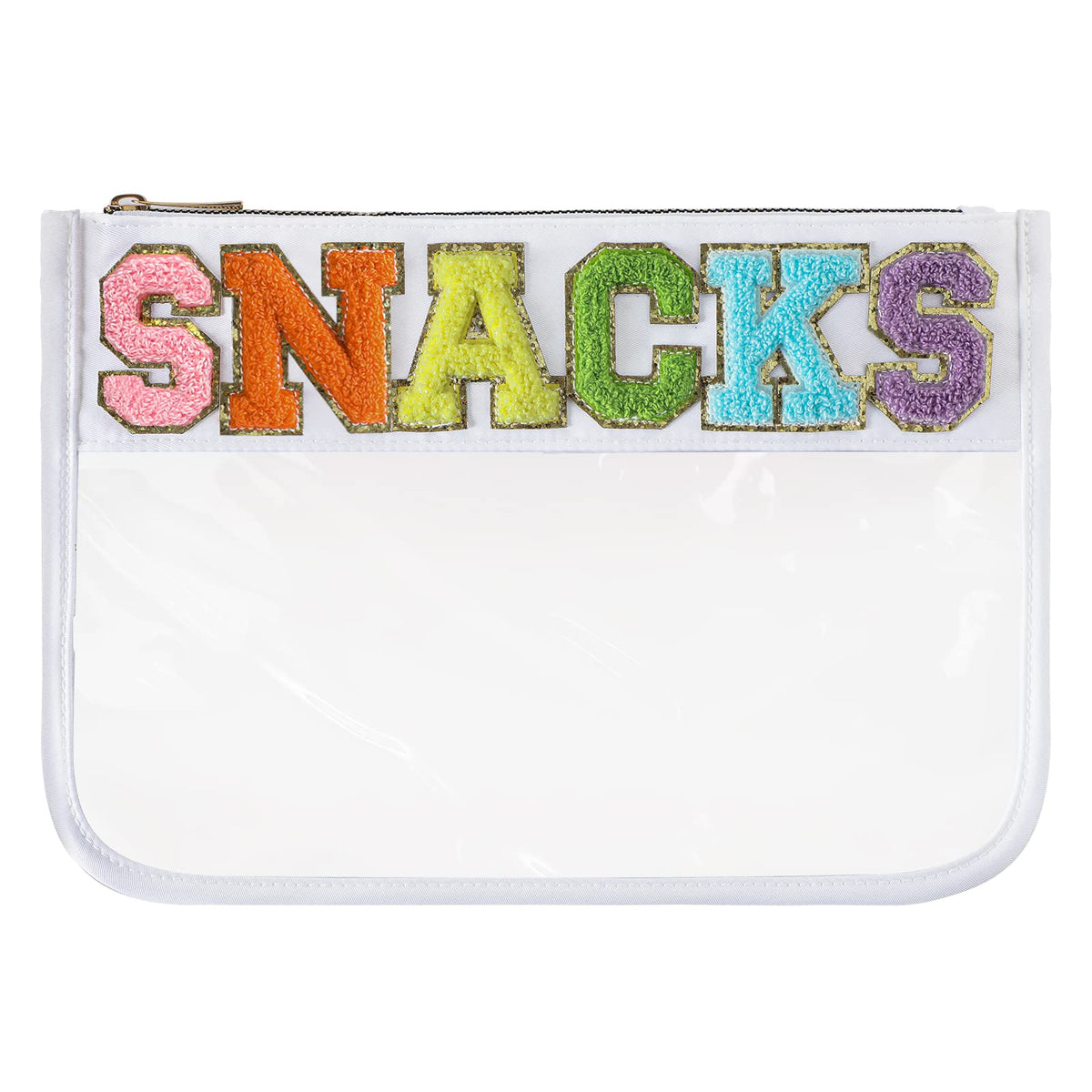 DYSHAYEN Snack Bag for Travel,Chenille Letter Clear Zipper Pouch,Nylon Clear Cosmetic Bag,Preppy Makeup Travel Bag for Women (White-Snacks)