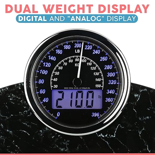 Adamson Hybrid 2-in-1 Analog & Digital Weighing Scale for Body Weight up to 400lbs + Thick Tempered Glass + Extra Large Display + Easy to Read Digital Bathroom Scale + New - Marble Black