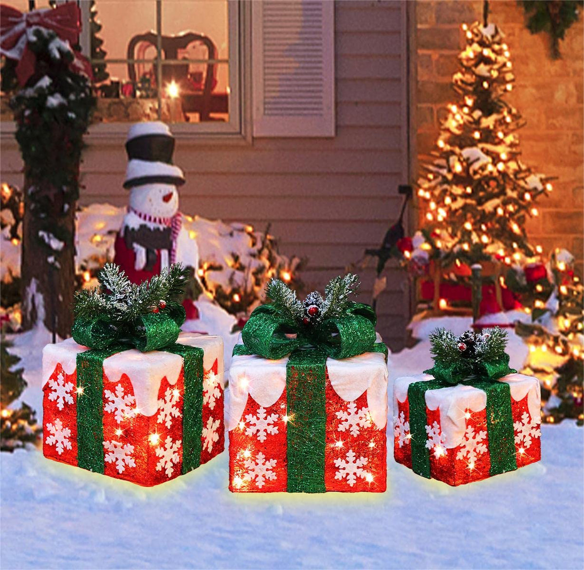 GLOWNOVA [Large 10"x8.5"x6.5" Christmas Set of 3 Lighted Gift Boxes Decorations Pre-lit 70 Super-Bright LED with Flashers,for Indoor Outdoor Christmas Tree Skirt Ornament Pathway Holiday Party Home