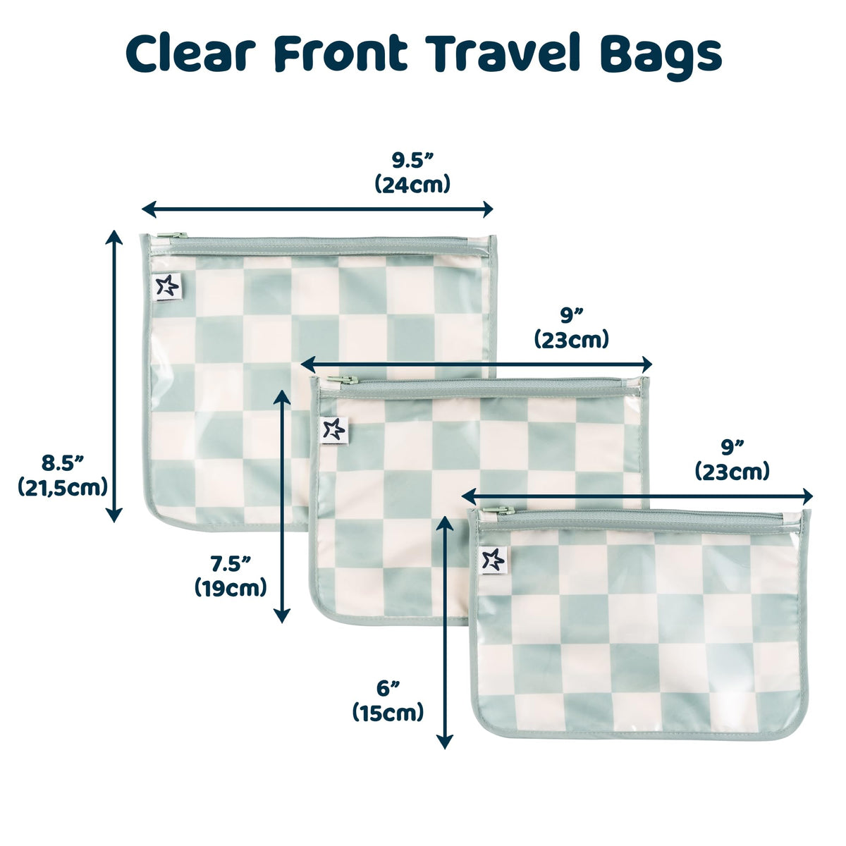 Tiny Twinkle Mess-proof Travel Bags, Airline Compliant, Zipper Closure, Clear Front Pouch, Diaper Bag Packing, Toiletry or Cosmetics Organizer 3 Pack Set (Sage Checkers)