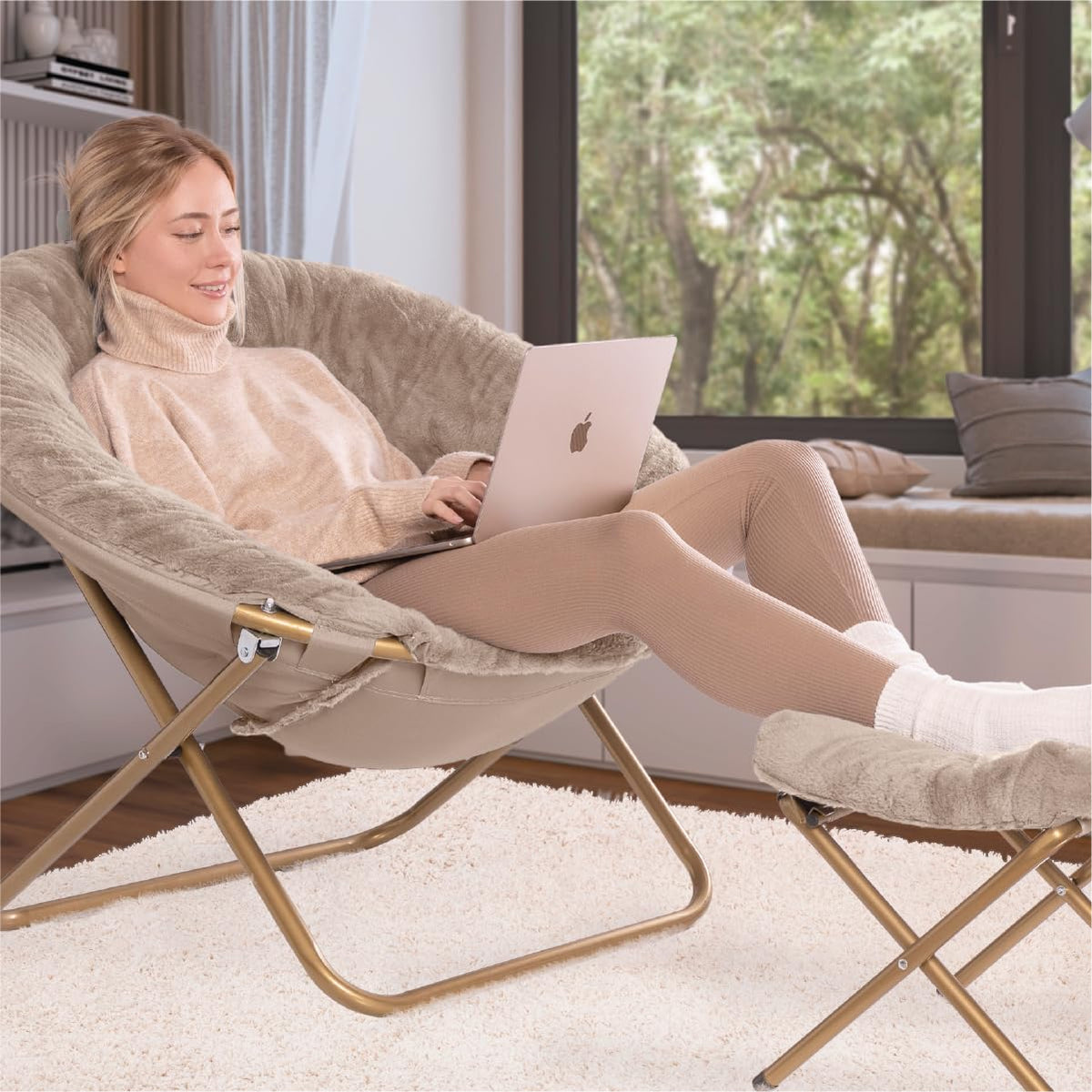 Milliard Cozy Chair with Footrest Ottoman/Faux Fur Saucer Chair for Bedroom/X-Large (Beige)