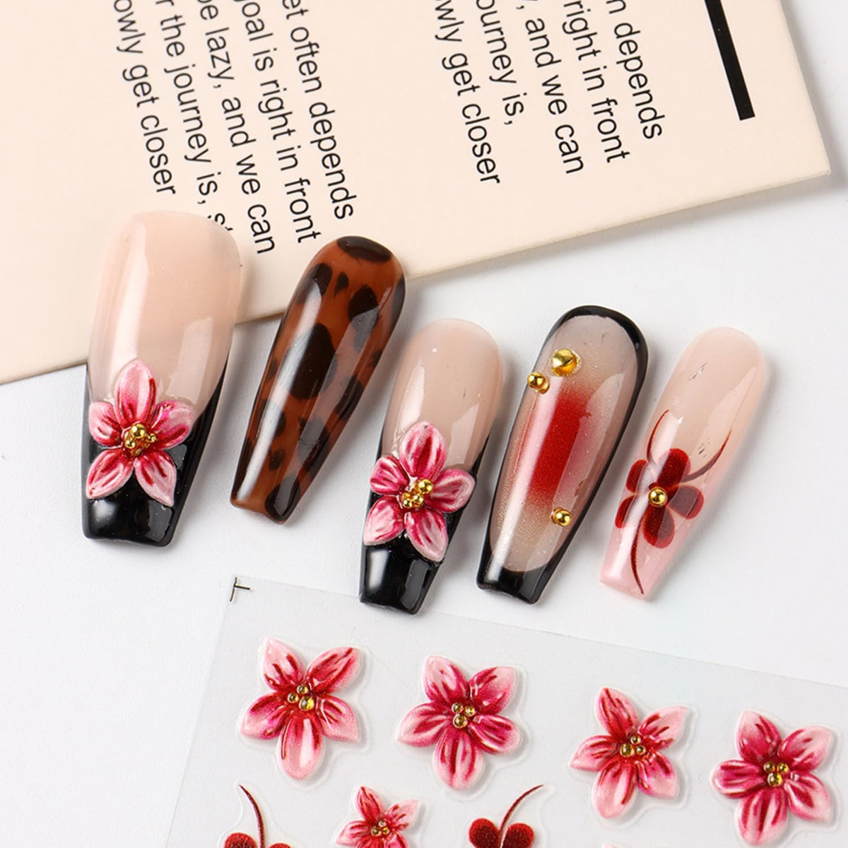 Leopard Print Nail Art Stickers Decals French Tip Nails Stickers 5D Embossed Flower Nails Decal Self-Adhesive Nail Art Decal for Women Manicure Decor