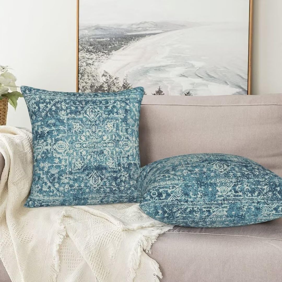 Sunshineyan Teal Boho Pillow Covers 20x20 Set of 2, Bohemian Carpet Pattern Outdoor Decorative Throw Pillows Linen Ethnic Design Rustic Farmhouse Cushion Cases for Couch Sofa Decor