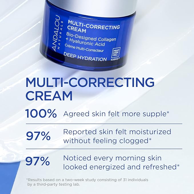 Andalou Naturals Deep Hydration Face Moisturizer Multi-Correcting Cream - Daily Skincare With Hyaluronic Acid, Vegan Collagen, & Fruit Stem Cells - Repair Skin Elasticity & Boost Hydration - 1.7 fl oz