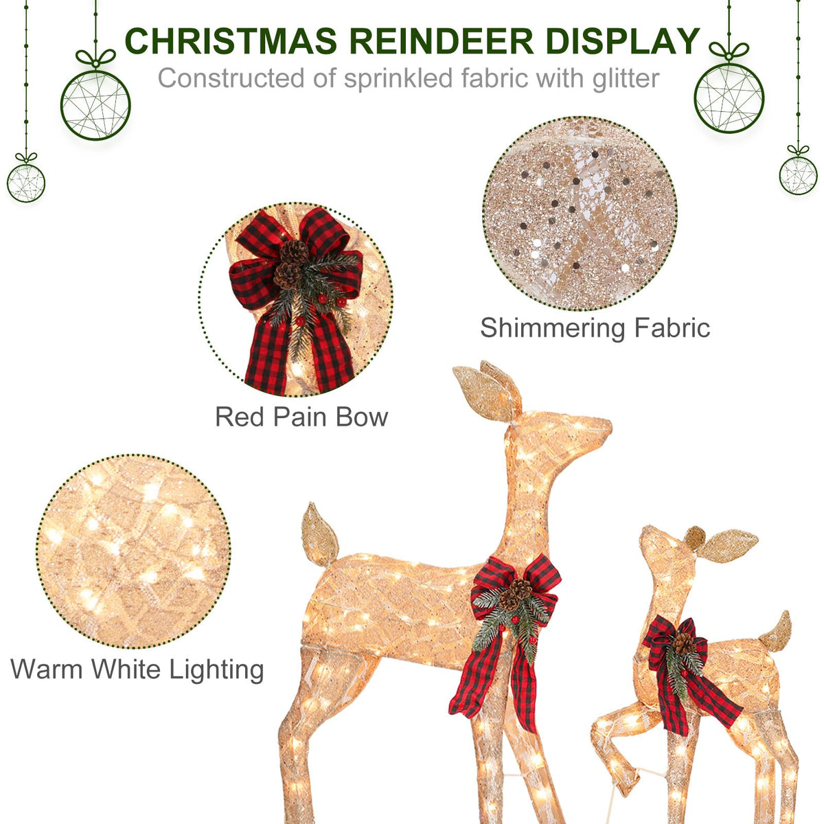 2 Pack Reindeer Christmas Decoration with 105 Lights Xmas Lighted Golden Glittering Deer for Indoor Outdoor Yard Lawn Decoration