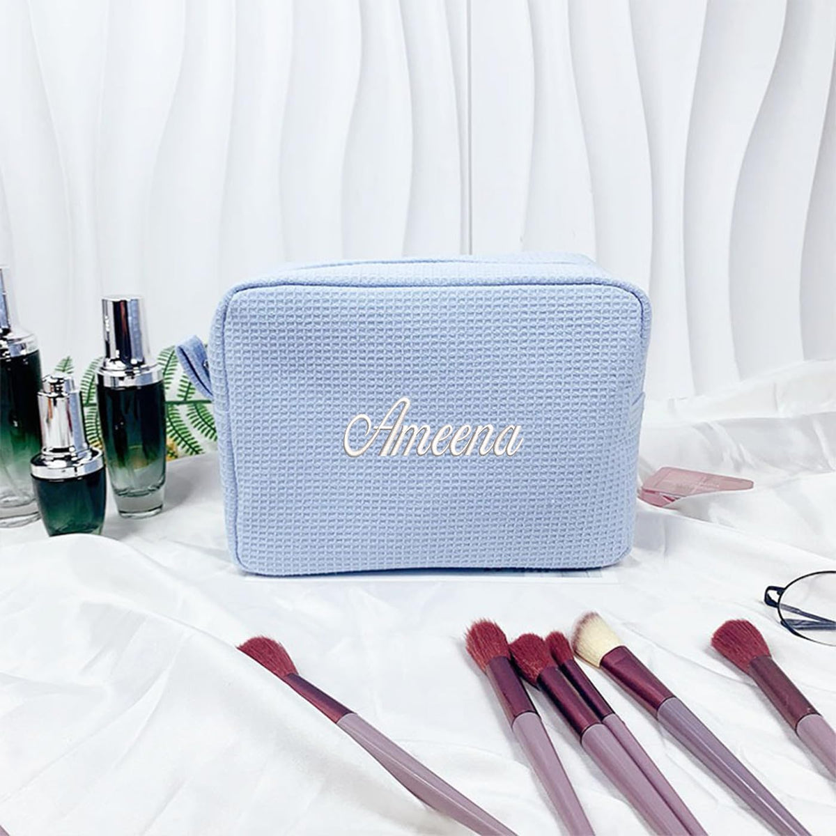 GOPHIE Personalized Embroidered Makeup Bag,Custom Waffle Fabric Cosmetic Pouch for Women, Travel Makeup Pouch (6, Sky Blue)