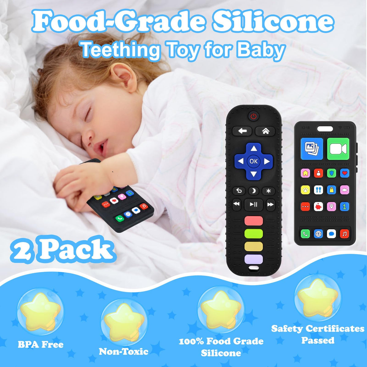 Baby Silicone Teething Toys, Phone and Remote Teether Toys for Toddlers 3-18 Months, Boys Girls Babies Teething Toy, Baby Chew Toy, Freezer BPA Free