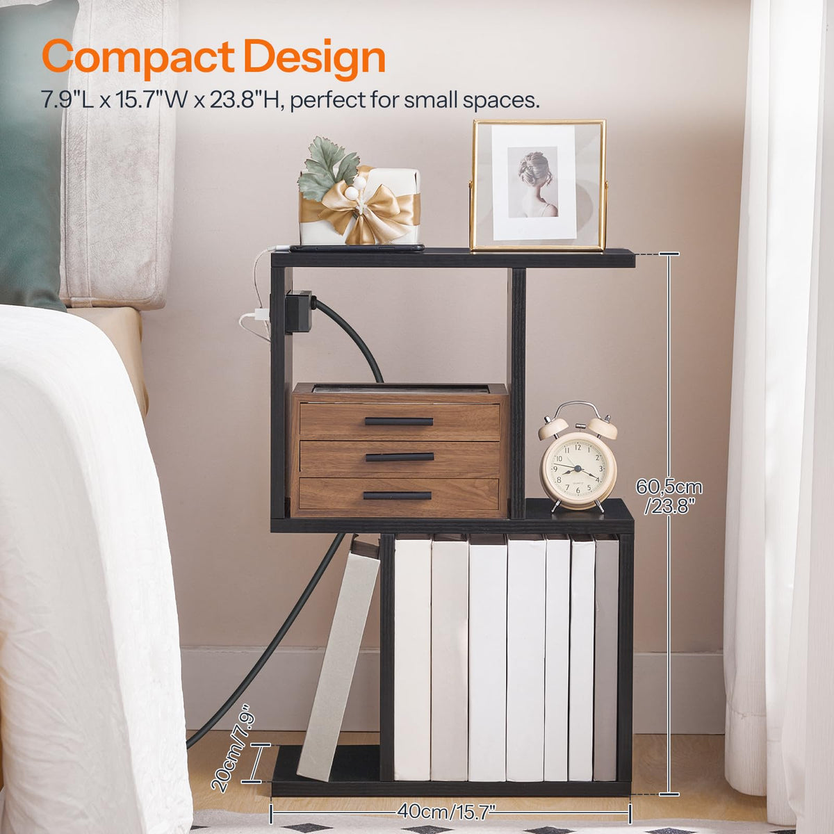 HOOBRO Narrow Side Table with Charging Station, S-Shaped Slim End Table Geometric Bookshelf with Open Storage, for Small Space, Living Room, Bedroom, Rustic Brown FG137UBZ01