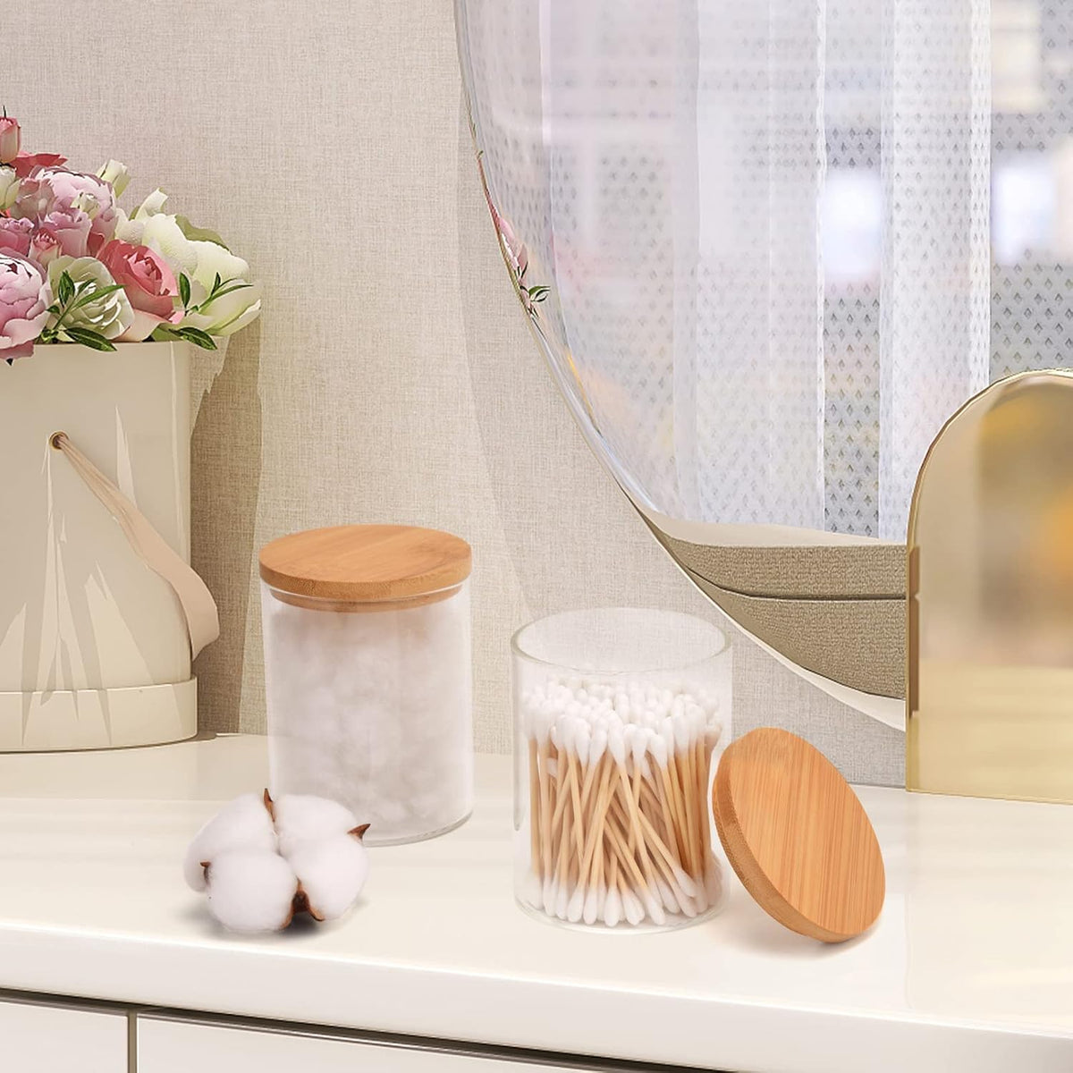 2 Pack Glass Qtip Holder Dispenser Set - Apothecary Jars with Lids - Vanity Makeup Organizer and Bathroom Canister Storage Organizer for Cotton Ball, Swab, Round Pads,Floss