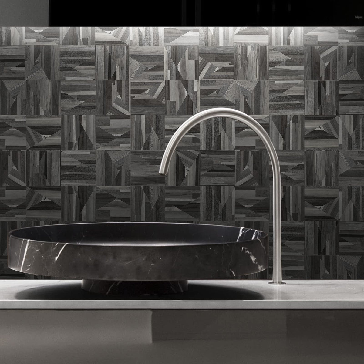 Midcard 10-Sheet Peel and Stick PVC Backsplash Tile, Black Grey Wood Triangle Puzzle