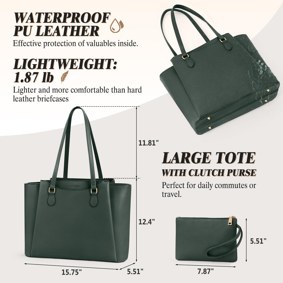 RAINSMORE Laptop Bag for Women 15.6 Inch Work Tote Bags Waterproof Computer Bags Leather Professional Laptop Purse Womens Laptop Briefcase Large Handbag for Office Teacher Travel, Green