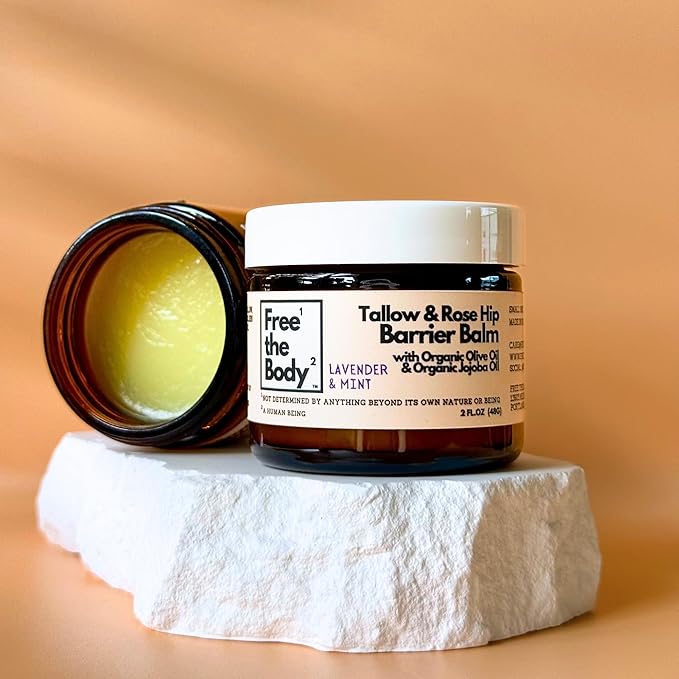Tallow and Rose Hip Barrier Balm, Grass-Fed Tallow with Beeswax and Rosehip Oil, 2oz, All Skin Types, Face and Body (2oz, Lavender & Mint)