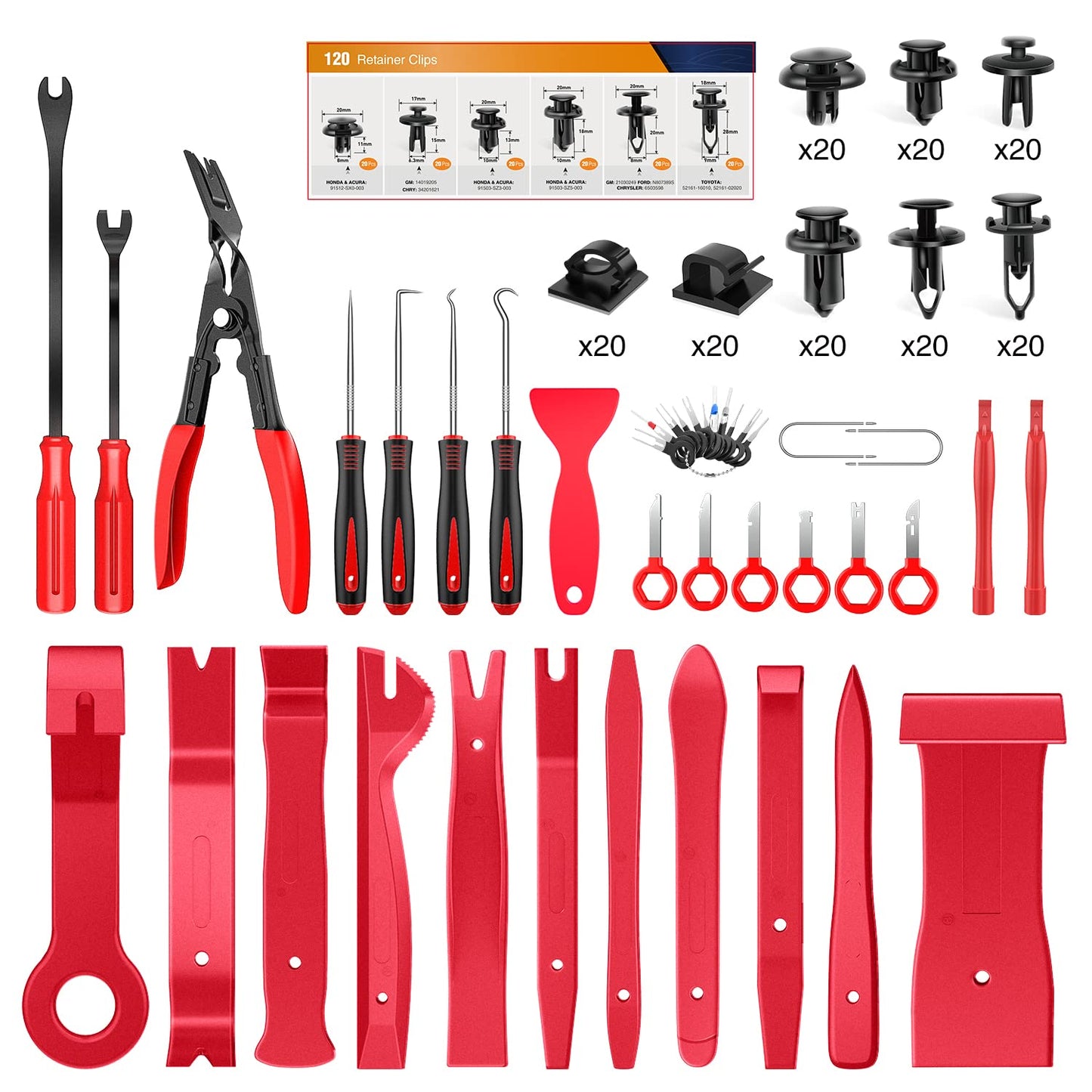 GOOACC 200Pcs Trim Removal Tool, Auto Push Pin Bumper Retainer Clip Set Fastener Terminal Remover Tool Adhesive Cable Clips Round Handle Crowbar Kit Car Panel Radio Removal Auto Clip Pliers, Yellow