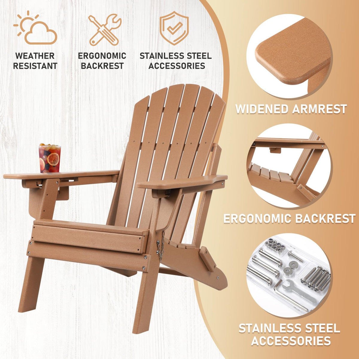 FUNBERRY Folding Adirondack Chair with Adjustable Backrest, HDPE All Weather Fire Pit Chairs with Cup Holder