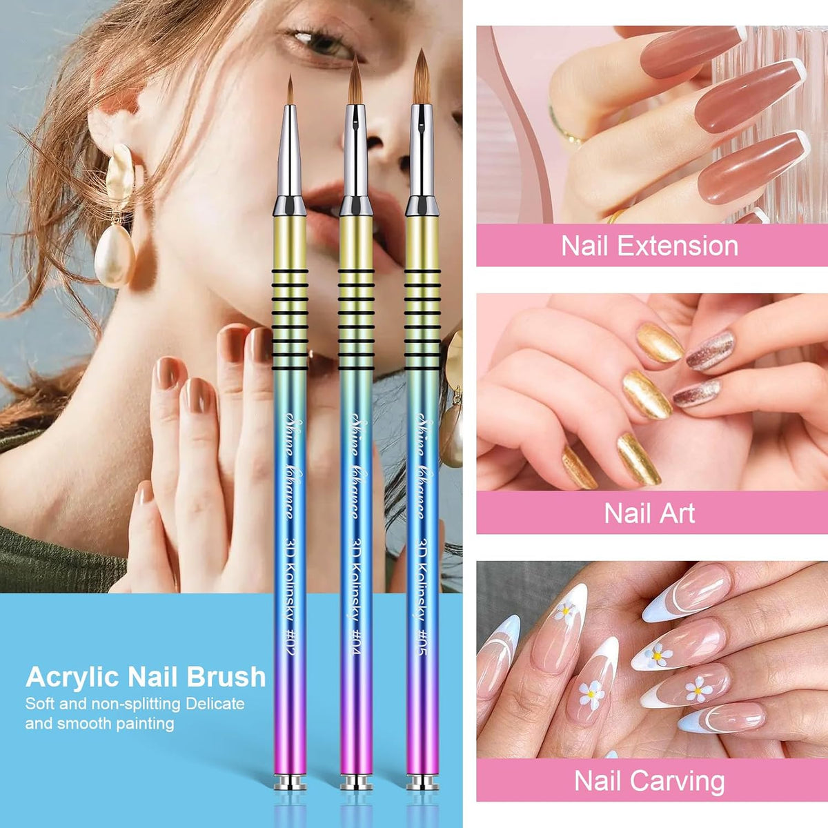 3Pcs Acrylic Nail Brushes Set Size 2 4 5, Kolinsky Hair Acrylic Nail Art Brush, Art Design & Polish Mistake Cleaning Manicure Tools for Women Acrylics Application, Gradient