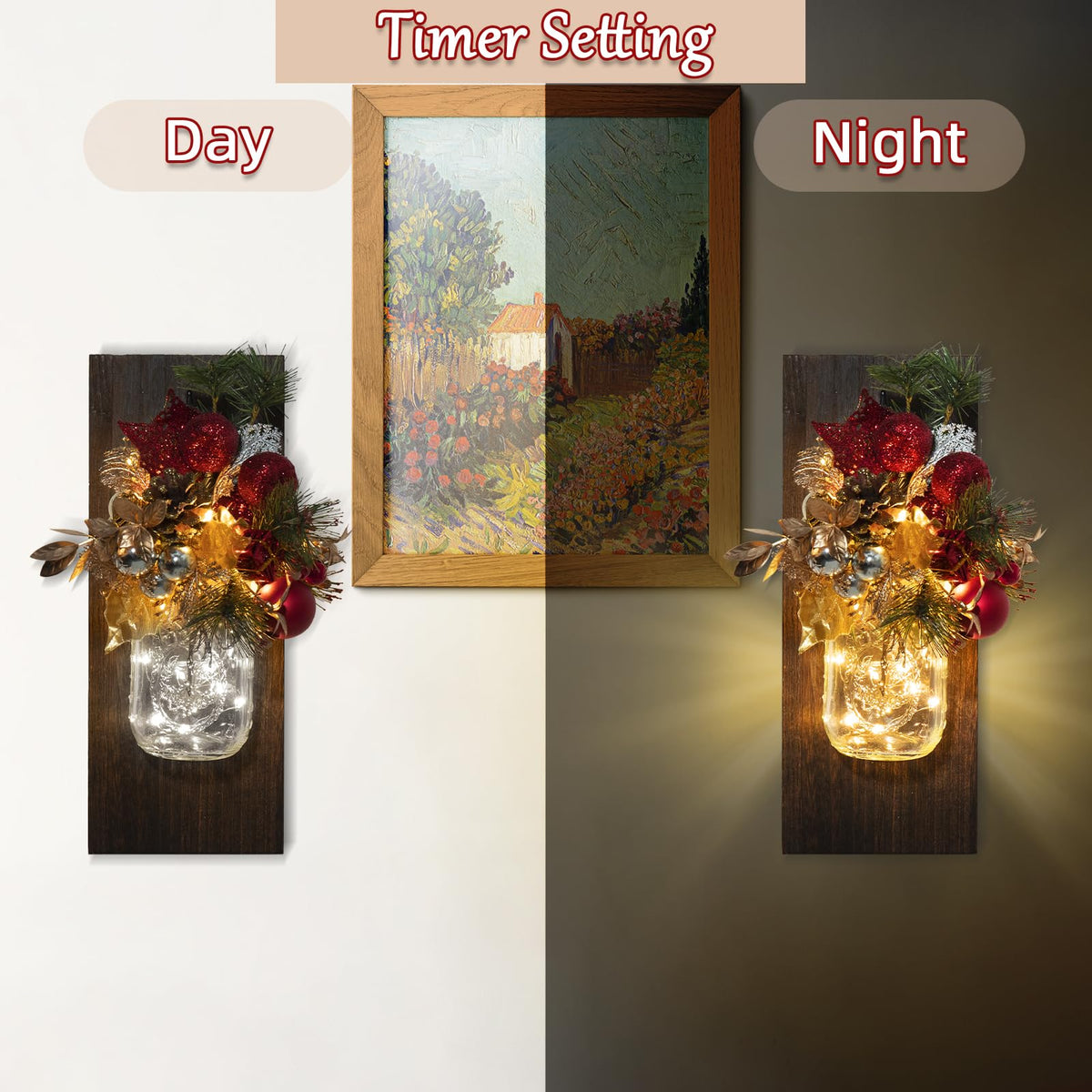 TqsMsp 2Pcs Christmas Mason Jar Wall Sconces, Handmade Rustic Wall Sconces with Remote Control Timer LED Fairy Lights and Red Berry Flowers, Hanging Mason Jar for Xmas Rustic Home Wall Decor (Gold)