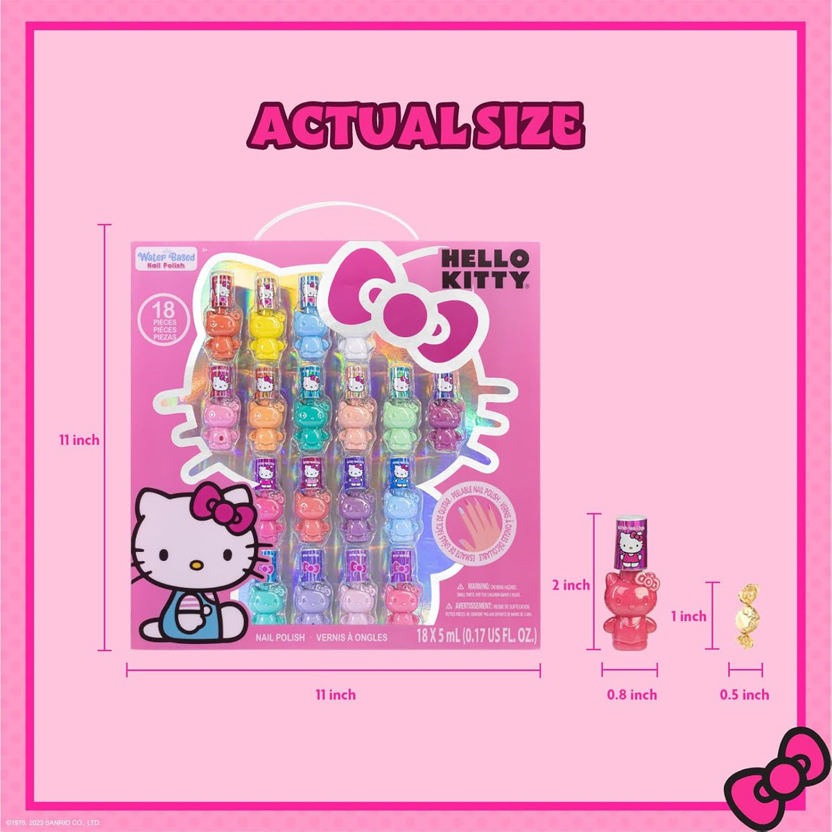 Hello Kitty Non-Toxic Peel-Off Water-Based Safe Quick Dry Nail Polish Set for Girl Kids Ages 3+, Perfect for Birthday Gift Parties, Sleepovers & Makeovers, 18 Pcs