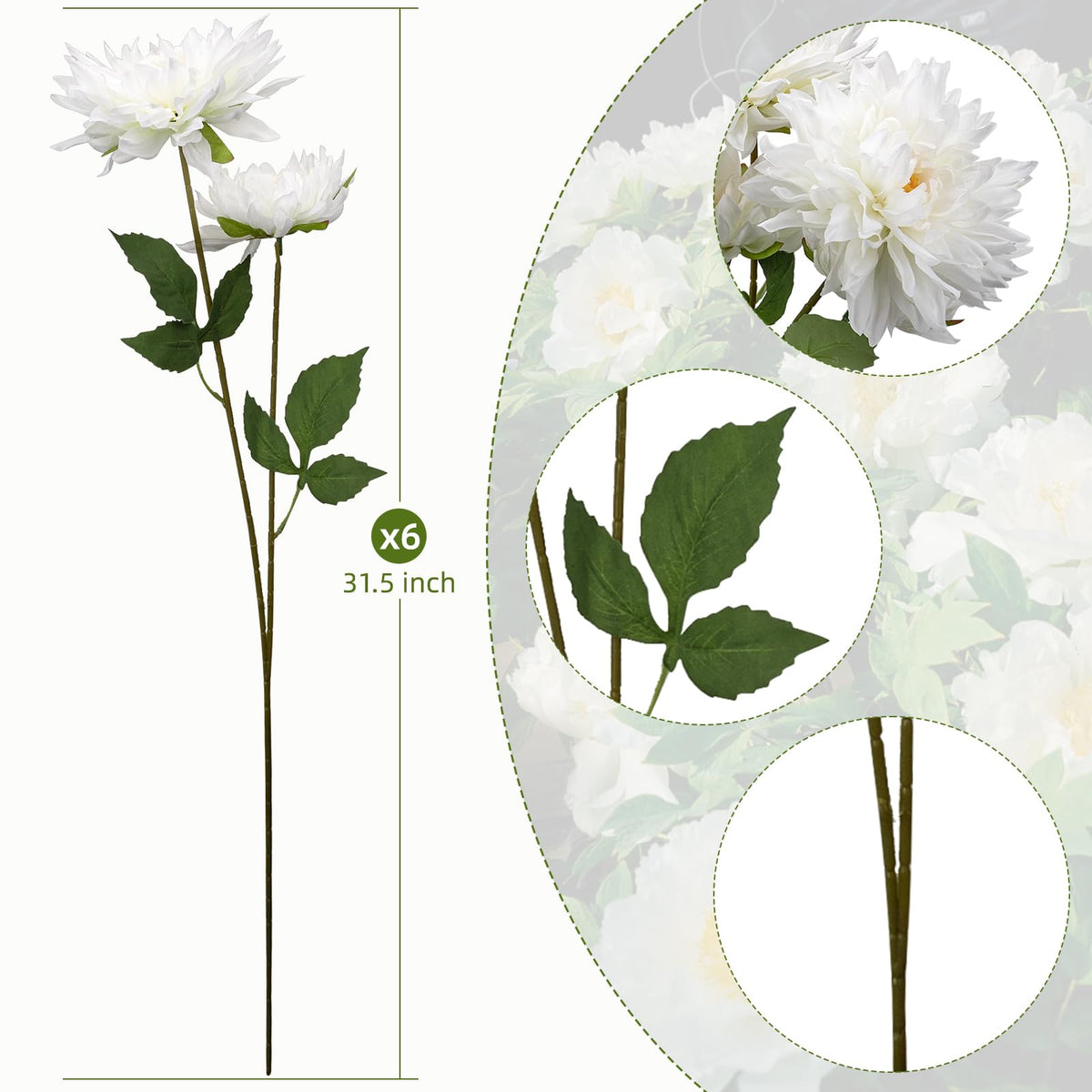 OBDXZHC 6 Pcs 31.5 inch Artificial Dahlia Long Stem White Silk Dahlia Flowers Faux Flower for Indoor Outdoor Kitchen Garden Party Home Wedding Floral Arrangement Decoration (White)