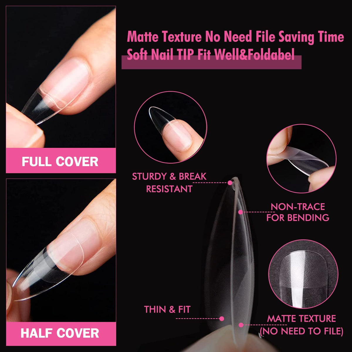 UNA GELLA Almond Gel Nail Tips 600 Pcs Pre-filed Almond Nails Full Cover Press On Nails 12 Sizes Half Matte Clear Fake Soft Gel Nail Tips for Extension Home DIY Salon with Box