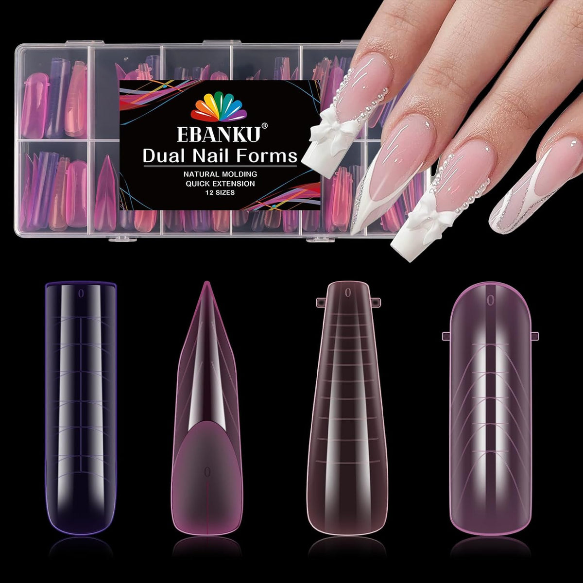 EBANKU Dual Nail Forms for Poly Extension Gel, 96 PCS Pink Nail Molds Reusable Nail Extension Forms for Builder Gel Manicure Design Salon DIY-12 Sizes