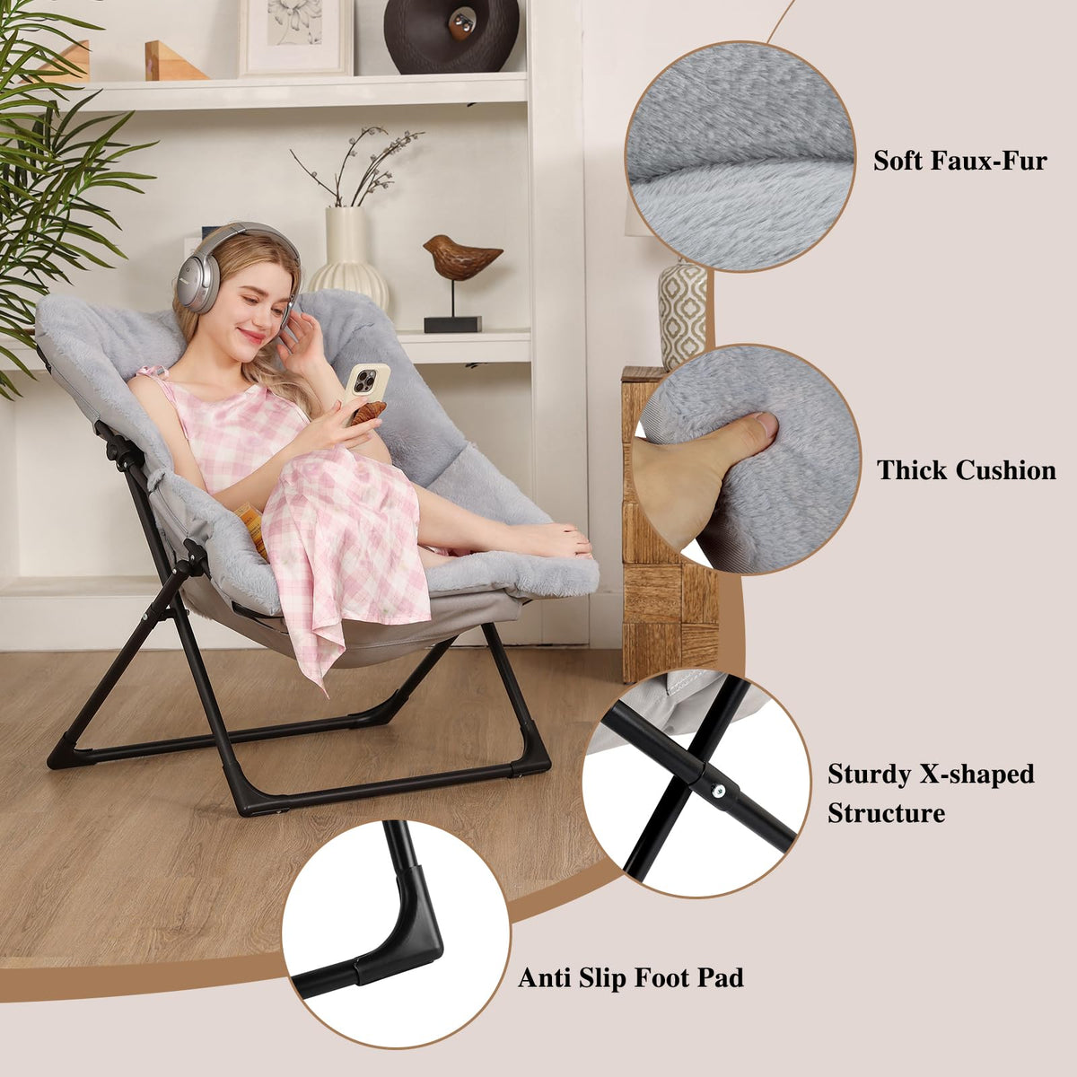 Mordchil HF Folding Saucer Chair, Comfy Faux-Fur Reading Chair, Foldable Accent Chair for Teens, Adults, Oversized Lazy Chair, Large Lounge Chair for Living Room, Bedroom, Dorm, Grey