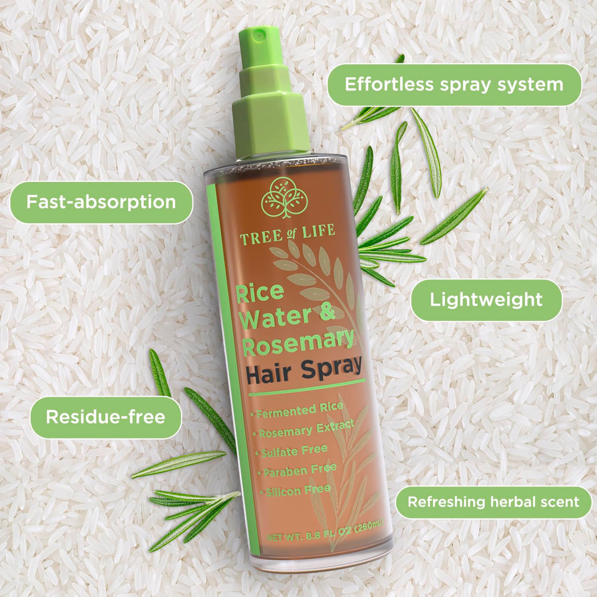 Tree of Life Beauty Rice Water Hair Spray Rosemary Water Spray for Hair Growth (8.8 fl oz) - Hair Thickening Fermented Rice, Caffeine, Rosemary Extract, Biotin, Keratin and Castor Oil Scalp Care