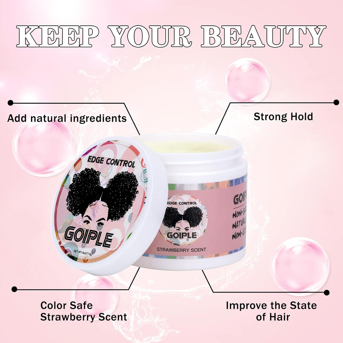 Goiple Edge Control Wax for Women - Strong Hold, Non-greasy Smoother, Strawberry Scent (4oz + Edge Scarf + Hair Bonnet + 2 Edge Brushes)