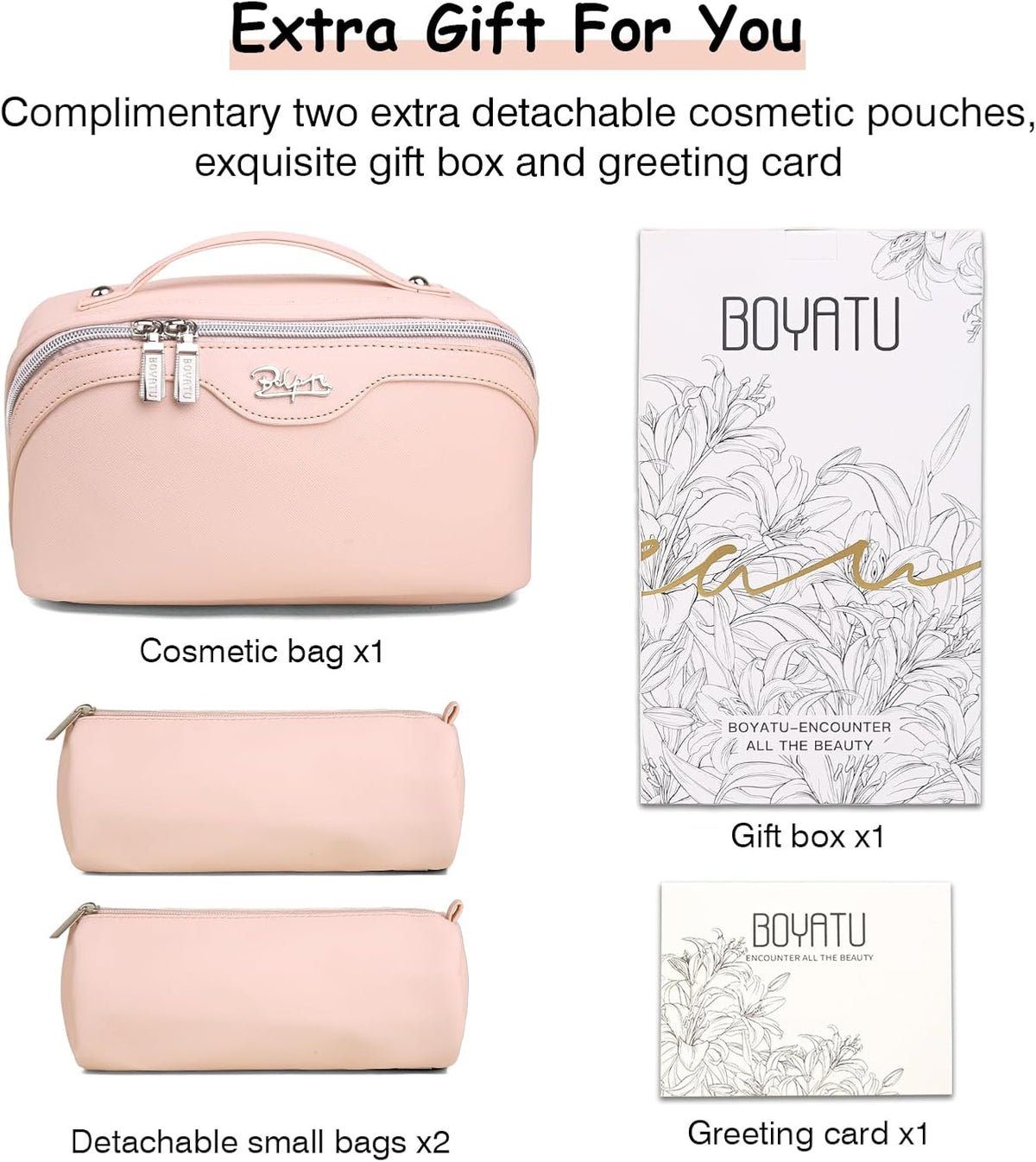 BOYATU Travel Makeup Bags for Women: Vegan Leather Cosmetic Bag Set of 3 - Large Capacity Make up Bag with Divider - Wide Open Waterproof Toiletry Organizer Bag with Handle (05-Pink)