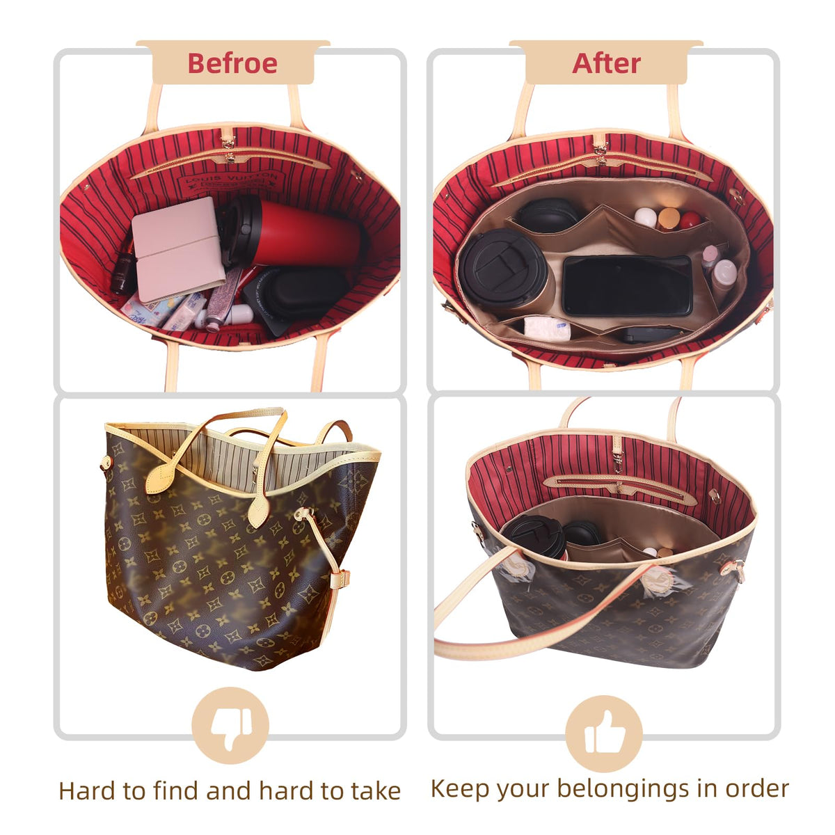 Ovignee Purse Organizer Insert For Handbags, Silk Purse Organizer with Zipper, Silky Smooth Bag Organizer, Luxury Handbag & Tote Shape, Beige