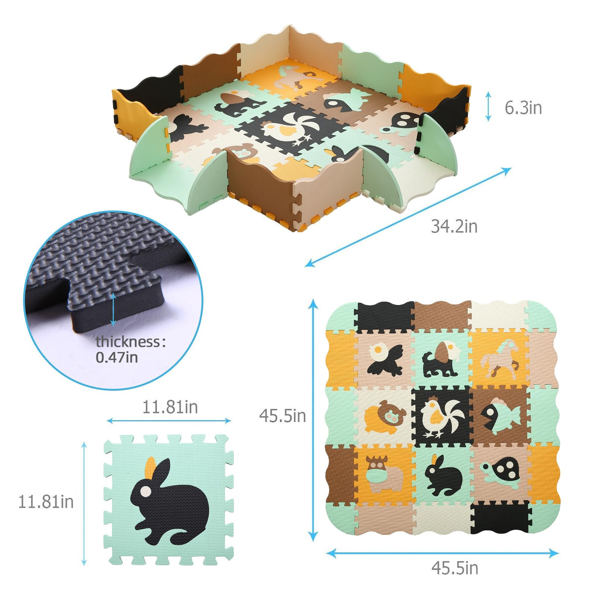 Tamiplay Foam Play Mat for Kids，25Pcs Square Interlocking Puzzle Floor Mat，Baby Play Mat Floor Mat Foam Puzzle Playmat for Toddlers with Fence（Animal-CSH005