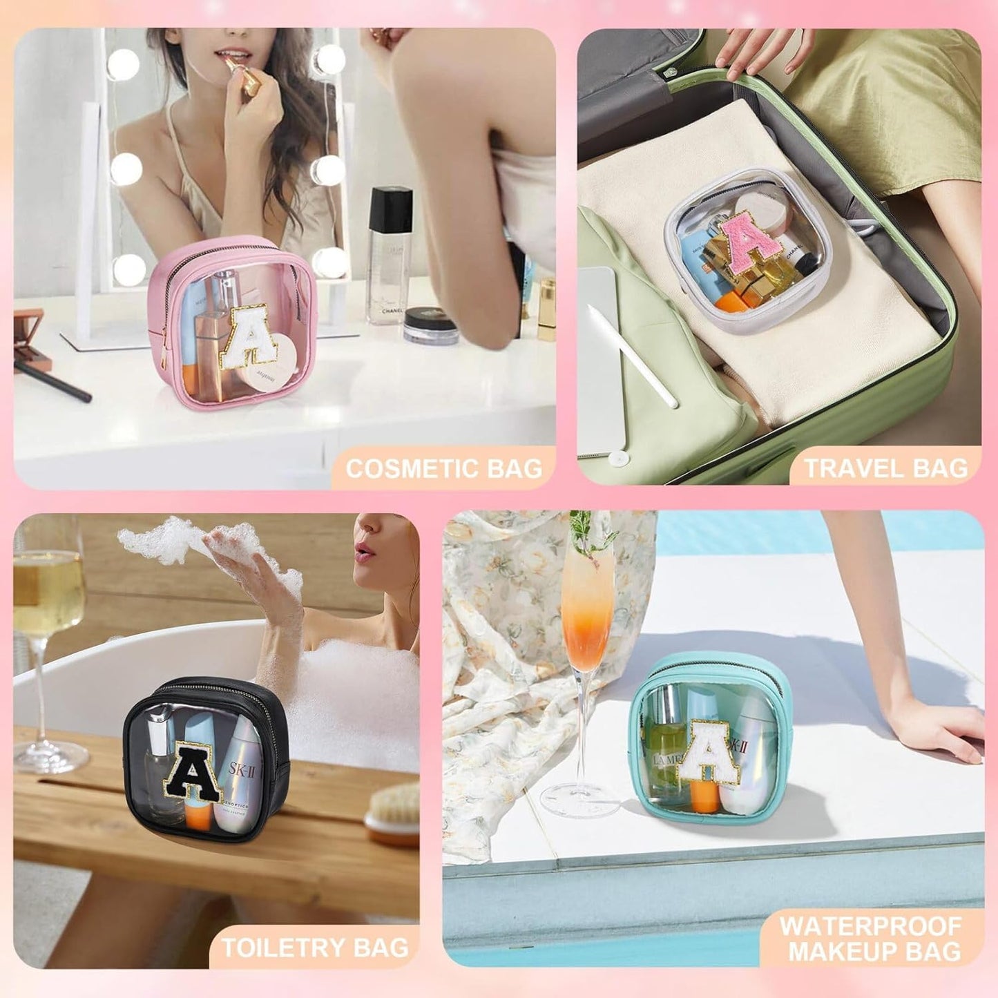 YOOLIFE Initial Make Up Bag Travel Toiletry Bag, Clear Makeup Bag Preppy Cosmetic Bags Organizer Travel Essentials Gifts for Women Teen Girlfriend Teacher Mom Birthday Mothers Day Gifts White K