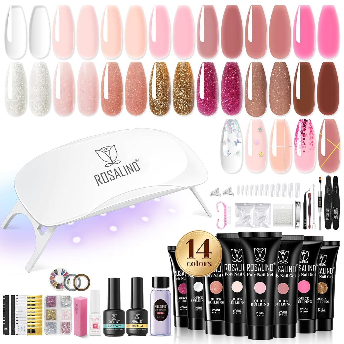 ROSALIND 14 Colors Poly Nail Gel Kit with Mini Nail Lamp Pink Brown Poly Nails Gel Kit Starter Kit With Slip Solution Kit Pink Extensions Gelfor Nail Manicure Beginner
