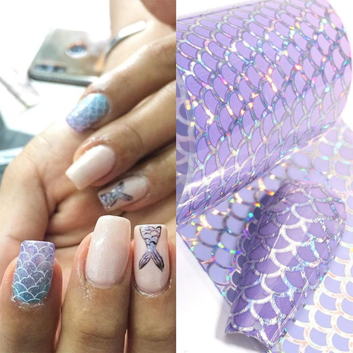 Mermaid Nail Transfers Foil Stickers, Holographic Iridescent Laser Mermaid Nail Art Stickers Decals Fish Scales Pattern Decoration for Women Girls Acrylic Nail Decor Supplies(10 Sheets)