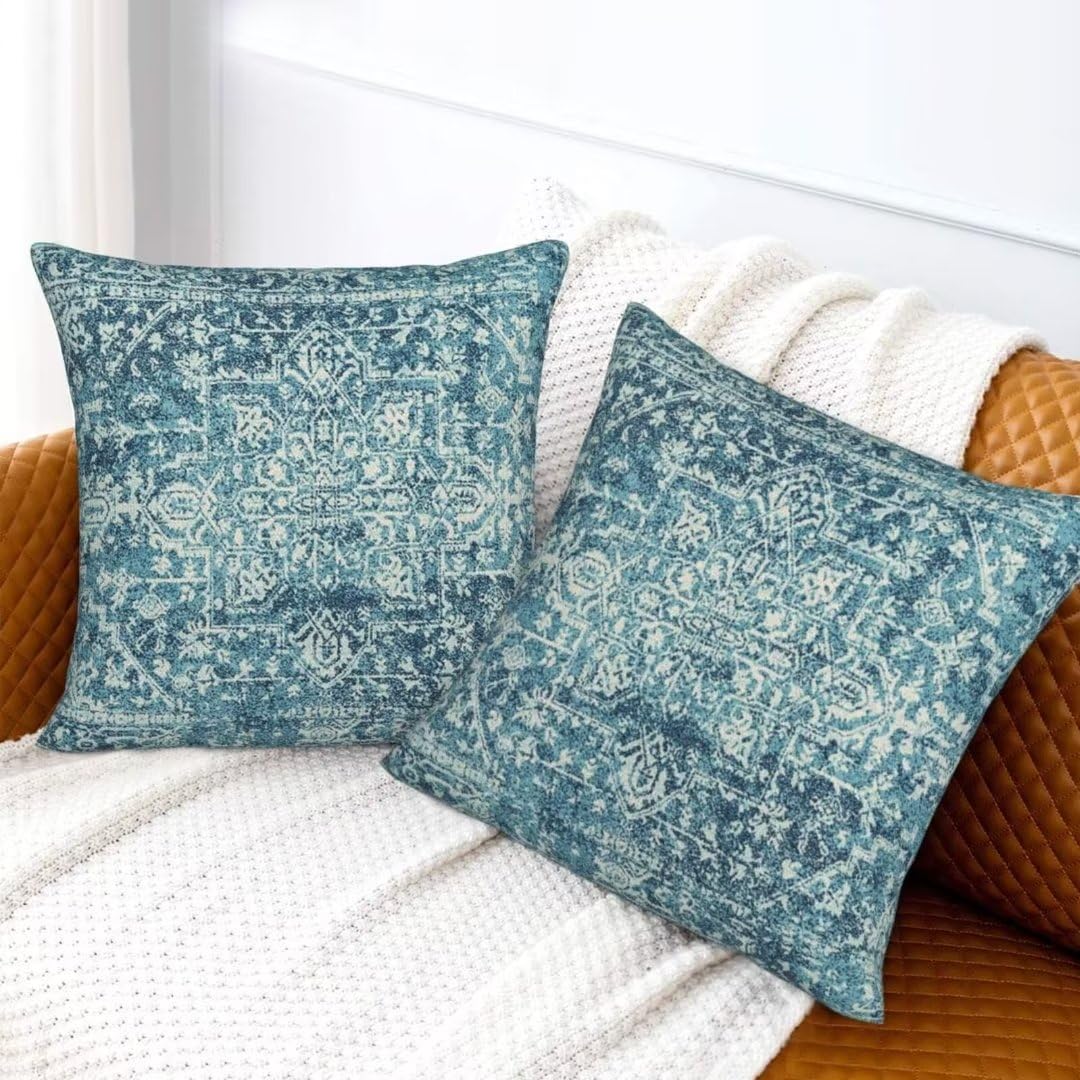 Sunshineyan Teal Boho Pillow Covers 18x18 Set of 2, Bohemian Carpet Pattern Outdoor Decorative Throw Pillows Linen Ethnic Design Rustic Farmhouse Cushion Cases for Couch Sofa Decor