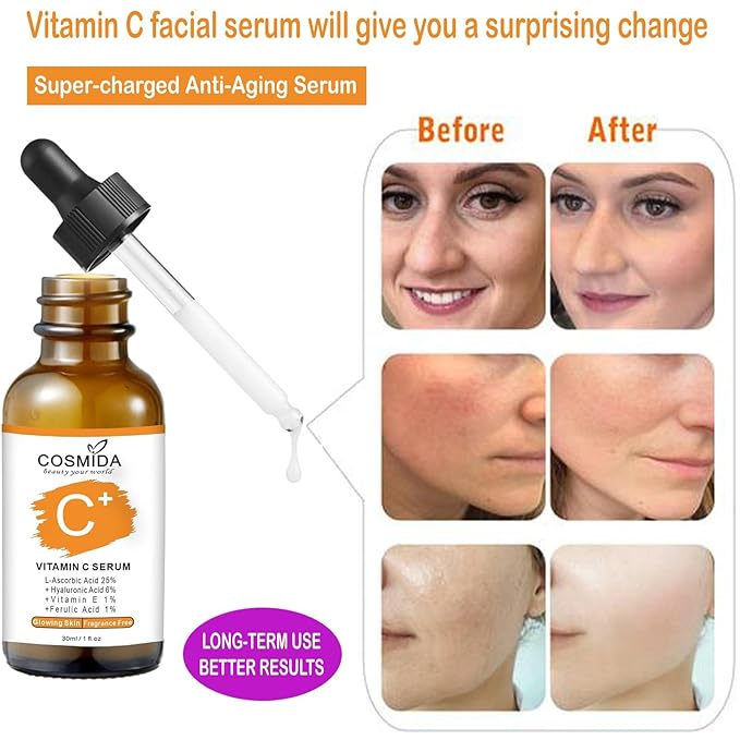 Vitamin C Serum for face with Hyaluronic Acid, Collagen Anti Aging Serum for Glow,Dark Spots,Acne,Wrinkle & Fine Lines,Korean Skincare Brightening Serum with Ferulic Acid Fragrance free 1fl.oz