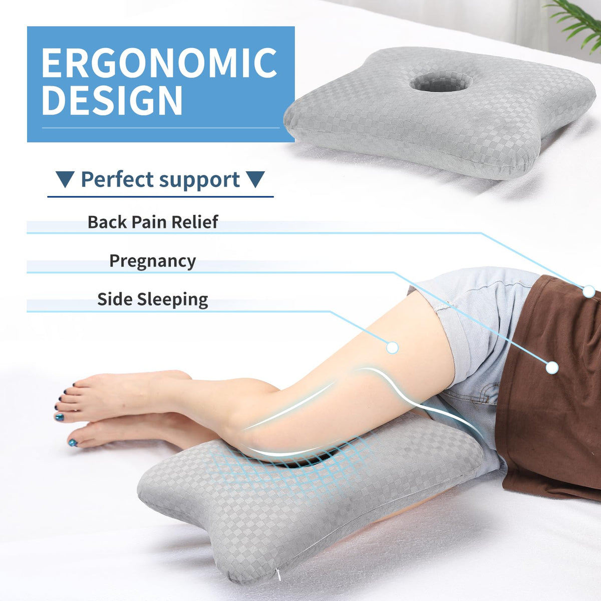 Leg & Knee Pillow for Side Sleepers - Upgraded Memory Foam Pillow Between Legs for Side Sleeping, Leg Pillow for Back, Hip, Sciatica Pain Relief, Side Sleeper Wedge Pillow (Light gray-no straps)