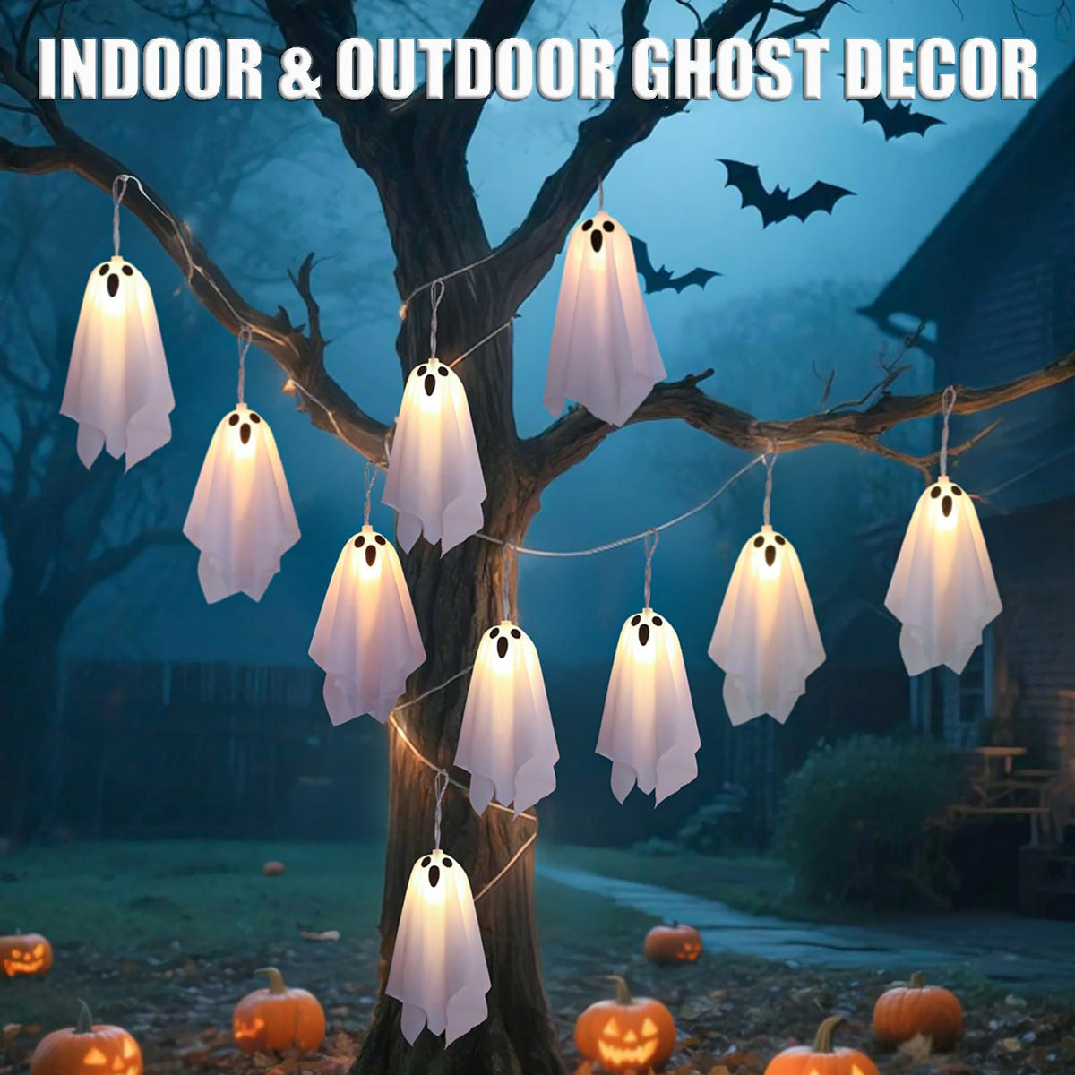 KooluWin 10 LED Ghost Battery Operated Halloween Lights, 8 Modes Ghost Hanging Lights String, Waterprof Spooky Halloween Decorations Indoor Outdoor for Party, Haunted House, Fireplace, Porch (2 Pcs)