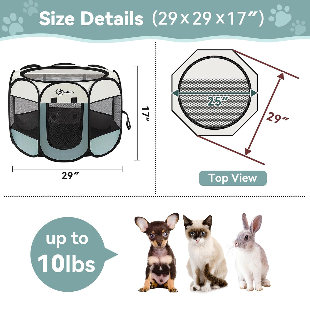 Siedihit Dog Cat Playpen, Puppy Pet Playpen Indoor for Small Dogs Tent Crates Cage Outdoor, Portable Pop Up Dog Kennel Playpen with Carrying Case for Dogs/Cats/Rabbits, Removable Zipper Top, Grey