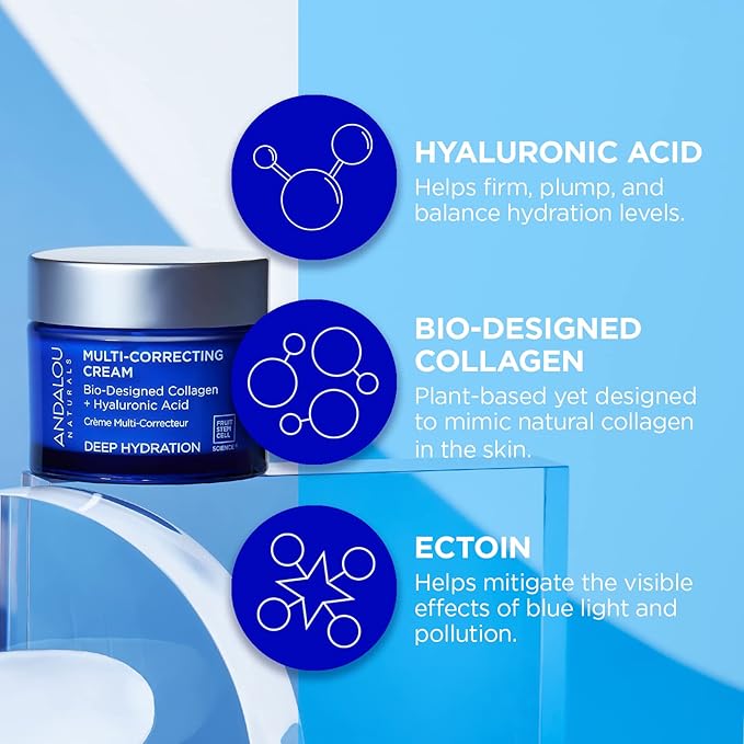 Andalou Naturals Deep Hydration Face Moisturizer Multi-Correcting Cream - Daily Skincare With Hyaluronic Acid, Vegan Collagen, & Fruit Stem Cells - Repair Skin Elasticity & Boost Hydration - 1.7 fl oz