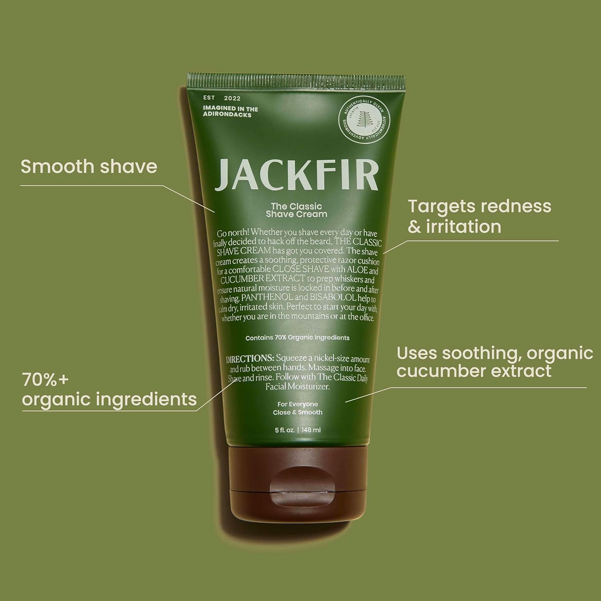 The Classic Shave Cream, Smooth Natural Shaving Cream for Men, Hydrating Aloe & Cucumber Extract - Helps Calm Dry Irritated Skin, EWG Verified, Organic Ingredients, For All Skin Types, 5 Fl Oz
