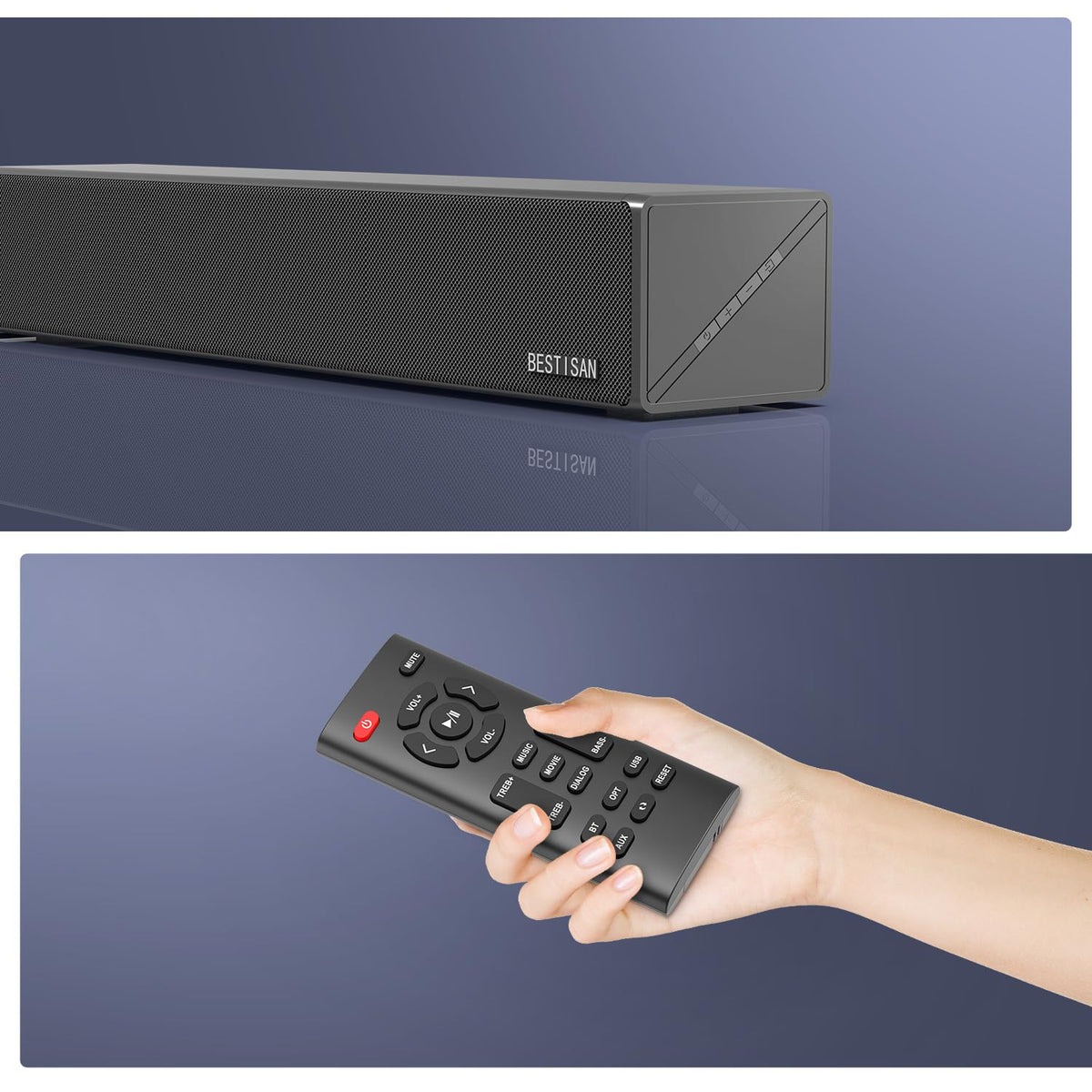 BESTISAN Sound Bars for TV, 16.5 Inches Sound Bar with Optical, AUX, USB and Bluetooth Inputs, Soundbar for TV(DSP, TREB and Bass Adjustable, Cyclic Switching Mode，Reset Function