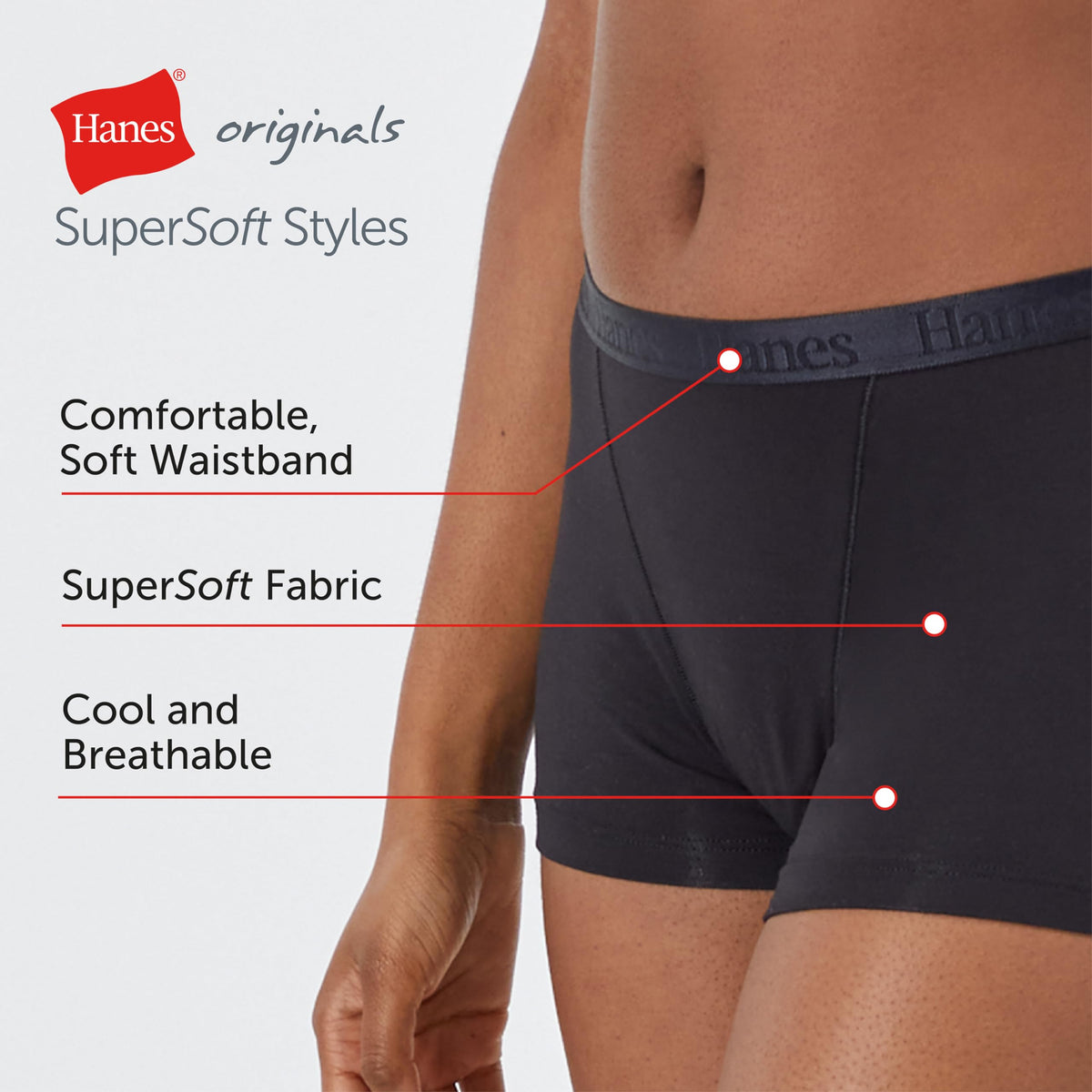 Hanes Women's Originals Supersoft Boxer Briefs, 5-Pack, Viscose from Bamboo Underwear, Black/Silver Opal/White