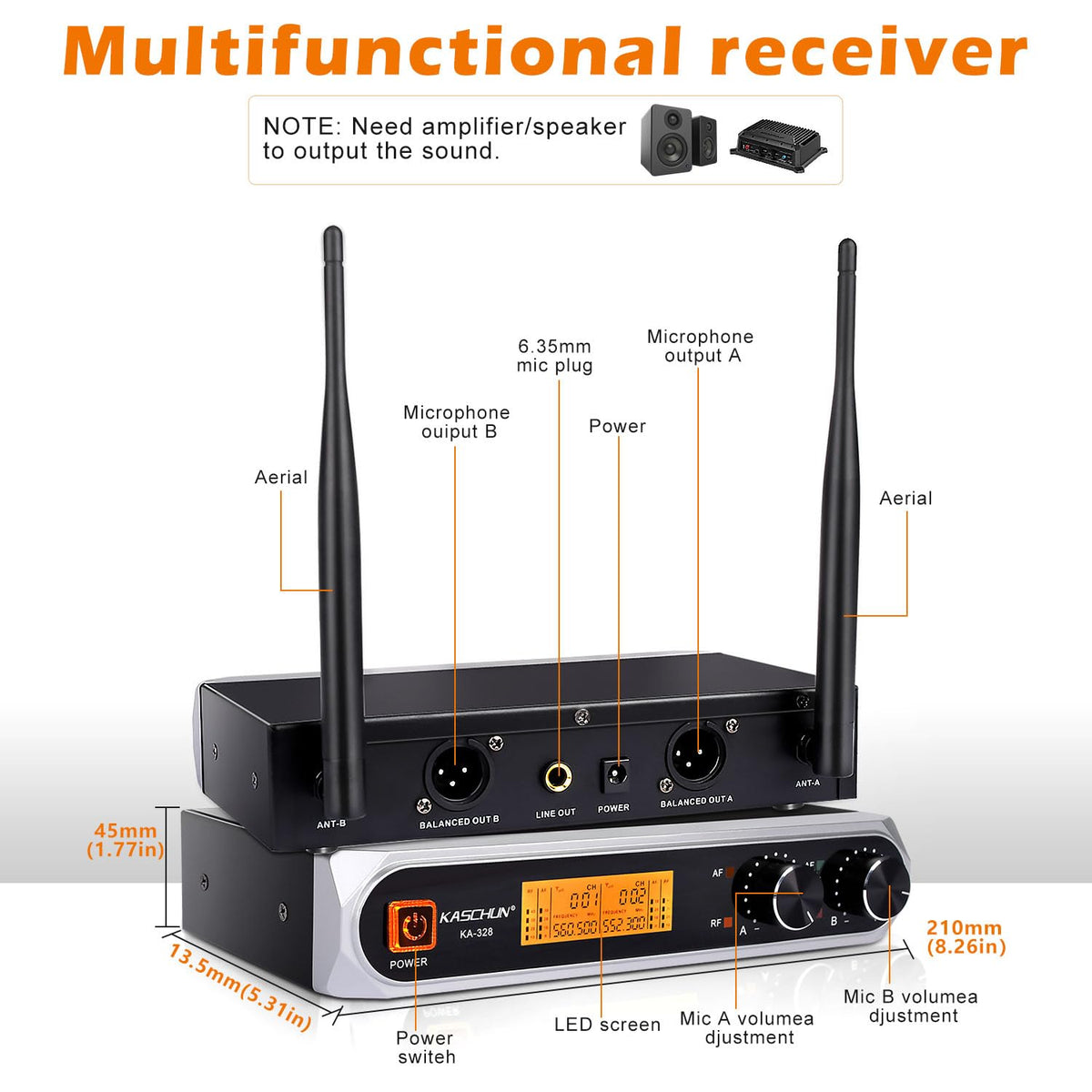 Kaschun Wireless Microphone, Professional Cordless Dynamic Wireless Microphone System, Microfono Inalambrico Professional,100ft Range, Suitable for DJ, Church, Karaoke, Home and KTV (KA-328)